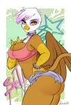  2022 5_fingers anthro anthrofied avian beak bracelet breasts brown_body brown_feathers butt chest_tuft claws clothing collar digital_media_(artwork) eyelashes feathered_wings feathers female fingers friendship_is_magic gilda_(mlp) gryphon hasbro hi_res jewelry my_little_pony mythological_avian mythology shionsg signature solo spiked_bracelet spiked_collar spikes tuft white_body white_feathers wings yellow_beak yellow_body yellow_eyes 