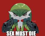  adam_angel ambiguous_gender angry anthro english_text gardevoir generation_3_pokemon green_hair gun hair hi_res holding_gun holding_object holding_weapon meme nintendo pokemon pokemon_(species) ranged_weapon red_background red_eyes simple_background solo text video_games weapon 