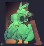  absurd_res anthro areola balls bandai_namco big_areola big_balls big_breasts big_penis breasts digimon digimon_(species) frozentrovador genitals goo_creature green_body gynomorph hi_res huge_balls huge_penis humanoid_genitalia humanoid_penis intersex melee_weapon nipples penis renamon solo sword thick_thighs weapon 