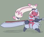  armor big_breasts breasts female generation_9_pokemon hair hi_res holding_object holding_weapon huge_breasts imric1251 melee_weapon nintendo nipples pink_body pink_eyes pink_hair pink_skin pokemon pokemon_(species) short_hair solo sword tinkaton unconvincing_armor video_games weapon 