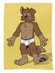  anthro barefoot black_nose black_pawpads briefs briefs_only brown_body brown_fur bulge canid canine canis clothed clothing domestic_dog english_text feet fur gradient_background heyitscousindave hi_res male mammal matt_riskely nipples one_foot_on_ground open_mouth pawpads shadow simple_background smile solo teeth_showing text tighty_whities topless underwear underwear_only white_briefs white_clothing white_underwear yellow_background 