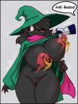  2022 anthro big_breasts black_body black_fur blep blush bovid breasts caprine clothing colored_nails crossgender deltarune dialogue female flashing flashing_breasts fur genitals gloves goat green_clothing green_hat green_headwear green_topwear grey_background handwear hat head_tuft headgear headwear huge_breasts karakylia kris_(deltarune) mammal motion_lines nails navel nipple_piercing nipples offscreen_character piercing pink_scarf pussy ralsei red_nails scarf simple_background solo speech_bubble surprise surprised_expression thick_thighs tongue tongue_out topwear tuft undertale_(series) undressing undressing_another video_games wide_hips wizard_hat 