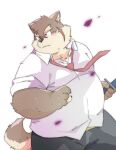  angry anthro blush brown_body brown_fur canid canine canis claws domestic_dog eyebrows fur ginsingoo1 katana lifewonders male mammal melee_weapon moritaka necktie overweight scar simple_background solo sword thick_eyebrows tokyo_afterschool_summoners video_games weapon white_background 