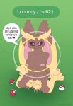  &lt;3 2022 anthro breasts dialogue dialogue_box digital_media_(artwork) english_text female fluffy fluffy_ears generation_4_pokemon grass heart_after_text hi_res looking_at_viewer lopunny nintendo nude outside plant pokeball pokemon pokemon_(species) pokemon_go sinfulhare sitting sitting_on_ground smile smug solo speech_bubble text video_games 