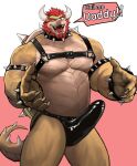 2022 anthro armband beard biceps bowser bracelet bulge claws clothed clothing collar daddy_kink dominant dominant_male dopq erection erection_under_clothing facial_hair gesturing_at_viewer harness hi_res jewelry jockstrap koopa leather leather_clothing leather_harness looking_at_viewer male male/male manly mario_bros muscular muscular_arms nintendo pecs red_beard scalie simple_background solo speech_bubble spiked_armband spiked_bracelet spiked_collar spikes standing underwear video_games 
