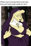  ambiguous_gender anthro between_breasts bovid bra breasts caprine clothing female larger_female mammal mature_female micro nun old sheep silverscarf size_difference underwear 