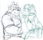  anthro asian_clothing blush chubby_protagonist_(tas) clothing duo east_asian_clothing fluffy hamagiato hi_res human japanese_clothing kimono lifewonders male male/male mammal mask overweight protagonist_(tas) shirt sketch t-shirt tokyo_afterschool_summoners topwear tsathoggua tusks video_games 