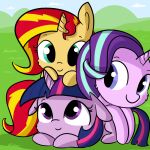  2017 blonde_hair blue_hair blue_highlights counterpart cuddling digital_drawing_(artwork) digital_media_(artwork) equestria_girls equid equine eyebrows eyelashes female feral floppy_ears friendship_is_magic fur group hair hasbro highlights_(coloring) horn horse lavender_eyes looking_at_another looking_back_at_another looking_up looking_up_at_another lying mammal multicolored_hair my_little_pony on_front pink_body pink_fur pony princess_twilight_sparkle_(mlp) purple_body purple_eyes purple_fur purple_hair red_hair smile starlight_glimmer_(mlp) sunset_shimmer_(eg) teal_eyes tjpones trio twilight_sparkle_(mlp) two_tone_hair unicorn 