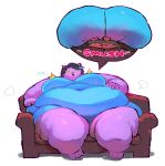  anthro belly big_belly big_breasts big_butt black_hair blue_hair breasts butt catty_(undertale) curvy_figure domestic_cat duo ear_piercing fapin felid feline felis female fur furniture hair hi_res huge_butt mammal multicolored_hair obese obese_anthro obese_female overweight overweight_anthro overweight_female piercing purple_body purple_fur sitting smothering smush sofa thick_thighs undertale_(series) voluptuous wide_hips 