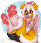  2022 4_toes 5_fingers anthro black_eyes breasts canid canine canis claws clothed clothing digital_media_(artwork) domestic_dog feet female finger_claws fingers foot_focus footwear hair hi_res mammal open_mouth pawpads pink_pawpads rysonanthrodog smile socks teeth teeth_visible toe_claws toes tongue uwu white_hair 