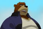  2022 anthro black_nose blue_clothing blue_jacket blue_topwear brown_body brown_fur bust_portrait cheek_tuft chest_markings clothing colored countershade_snout countershading facial_tuft fangs fur jacket juuichi_mikazuki kotobuki529 male mammal markings morenatsu multicolored_body multicolored_fur open_mouth portrait shirt sky snout solo tan_body tan_fur teeth topwear tuft two_tone_body two_tone_fur ursid video_games visual_novel white_clothing white_shirt white_topwear 