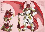  2014 anthro armor biped color_swatch colored dragon english_text flower giles_(zerofox1000) male markings melee_weapon model_sheet plant red_body red_scales red_wings rose_(flower) scales scalie sheathed_sword smile solo story story_in_description sword text weapon western_dragon white_armor wings zerofox1000 