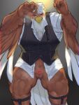  accipitrid accipitriform animal_genitalia anthro avian bald_eagle bird blush bottomless bottomless_male bow_tie cloaca clothed clothing dress_shirt eagle facial_hair garter_belt garter_straps genitals hi_res ituduki_aaa lifewonders male muscular_arms muscular_legs sea_eagle shirt sideburns solo spread_legs spreading thunderbird_(tas) tokyo_afterschool_summoners topwear vest video_games winged_arms wings 