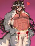  abs andromorph anthro asian_mythology belt_only blush bottomless bottomless_male clothed clothing crossdressing dragon east_asian_mythology eastern_dragon fuxi_(tas) genitals hair hi_res horn horned_humanoid humanoid intersex ituduki_aaa lifewonders long_hair looking_at_viewer male muscular muscular_arms muscular_male mythology pecs pussy slit solo tokyo_afterschool_summoners translucent translucent_clothing video_games 