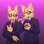  2022 alien anthro canid canine canis claws clothing duo ears_up eyewear fangs fur hi_res inner_ear_fluff keshary looking_at_viewer male mammal necktie signature smile smiling_at_viewer sparkles sparkling_eyes standing subwoolfer suit sunglasses tuft wolf yellow_body yellow_fur 