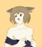  2019 anthro breasts brown_hair canid canine clothing female floppy_ears hair mammal phyracorlybia_dorio presenting presenting_breasts simple_background solo sukasuka themorecoffee were werecanid werecanine werewolf 