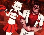  3d_(artwork) anthro bodily_fluids bovid breasts caprine cheerleader_outfit clothed clothing digital_media_(artwork) eyewear female goat goat_lucifer_(helltaker) hair helltaker hi_res horn human humor malicekira mammal mmd protagonist_(helltaker) red_eyes sweat white_body white_hair 