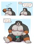  2022 anthro asking asking_another belly big_belly black_body blush brown_body bulge canid canine canis comic crispcactus detailed_bulge dialogue domestic_dog drinking duo english_text eyes_closed hi_res humanoid_hands linked_speech_bubble male mammal moan moobs navel nipples overweight overweight_male question questioning_tone sitting speech_bubble swallowing_sound_effect talking_to_another talking_to_partner text wrestling yes-no_question 