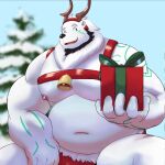  2022 anthro belly christmas hi_res holidays humanoid_hands korouxus male mammal moobs musclegut navel nipples outside overweight overweight_male plant polar_bear snow solo tree ursid ursine white_body 