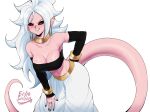 2020 absurd_res alien alien_humanoid armwear bare_shoulders breasts cleavage clothed clothing dragon_ball dragon_ball_fighterz ear_piercing echo_saber female hair hi_res humanoid humanoid_pointy_ears long_hair looking_at_viewer majin majin_android_21 not_furry piercing pink_body pink_skin red_eyes signature simple_background smile solo white_background white_hair 