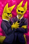  2022 alien anthro canid canine canis claws clothing crossed_arms duo ears_up eyewear fangs fur hi_res kirino03 looking_at_viewer male mammal name_tag necktie open_mouth signature standing subwoolfer suit sunglasses teeth tongue wolf yellow_body yellow_fur 