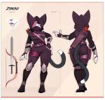  2020 5_fingers anthro armor arrow_(weapon) belt bow_(disambiguation) bracers clothing domestic_cat dungeons_and_dragons felid feline felis female fingers front_view fur furgonomic_headwear furgonomics hair hair_over_eye hasbro hi_res hood knife looking_at_viewer mammal mask melee_weapon model_sheet mouth_covered one_eye_obstructed open_mouth pink_hair purple_clothing purple_eyes quiver ranged_weapon rear_view rogue simple_background solo standing sword weapon white_body white_fur wizards_of_the_coast zinni zinnick 