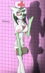  anthro areola breasts clothing eyewear female gardevoir generation_3_pokemon glasses green_hair hair hat headgear headwear looking_at_viewer nintendo nipples nurse nurse_clothing nurse_hat nurse_headwear nurse_uniform pokemon pokemon_(species) red_eyes simple_background solo uniform video_games white_body white_skin 