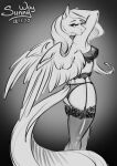  anthro bra breasts butt butt_pose clothing cute_expression digital_drawing_(artwork) digital_media_(artwork) equid equine female fluttershy_(mlp) friendship_is_magic hasbro hi_res horse lace legwear lingerie mammal my_little_pony panties patreon pegasus pinup pony pose rear_view reward solo stockings sunny_way text underwear url wings 