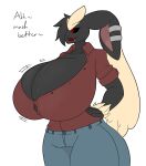  2019 absurd_res anthro big_breasts black_body black_sclera bottomwear breasts clothing dialogue ear_piercing english_text facial_piercing female fingers generation_4_pokemon hi_res huge_breasts lip_piercing lopunny nintendo open_mouth pants piercing pokemon pokemon_(species) red_eyes rubi_(stemingbunbun) solo stemingbunbun straining_buttons text topwear video_games 
