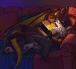  anthro cuddling detailed_background dragon eyes_closed face_lick felid feline fur furniture gaming grey_body grey_fur hi_res licking lynx mammal nintendo nintendo_switch pascal_(haskell) rysov scales sofa tongue tongue_out video_games yellow_eyes zankraken 