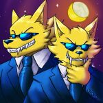  2022 alien anthro banana canid canine canis claws clenched_teeth clothed clothing duo ears_up eyewear fangs food fruit fur haha-yea hand_on_shin hi_res looking_at_viewer male mammal moon necktie plant smile smiling_at_viewer star subwoolfer suit sunglasses teeth wolf yellow_body yellow_fur 