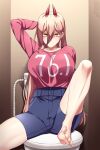  big_breasts blonde_hair bottomwear breasts clothing female hair hi_res horn horned_humanoid humanoid lindaroze_(artist) not_furry pants power_(chainsaw_man) shirt solo topwear 