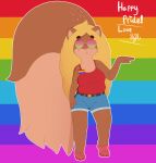  anthro big_tail blonde_hair blue_bottomwear blue_clothing blue_hotpants blue_pants bottomwear brown_belt brown_body brown_fur brown_tail clothed clothing eyewear female footwear front_view full-length_portrait fur hair hotpants isyld lgbt_pride mammal mouth_closed obscured_eyes pants pattern_background pink_nose portrait pride_colors rainbow_background red_clothing red_footwear red_shoes red_topwear rodent sciurid shoes shorts signature simple_background solo standing striped_background sunglasses tan_body tan_fur tan_tail topwear 