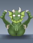  absurd_res amphibian animal_humanoid anthro anus breasts butt claws don&#039;t_starve ear_fins feet female fin finger_claws forkat_bau frill_(anatomy) genitals green_body hi_res holding_both_legs horn humanoid klei_entertainment legs_up looking_at_viewer lying marine marine_humanoid membrane_(anatomy) merm neck_frill on_back presenting presenting_anus presenting_hindquarters presenting_pussy pussy simple_background small_breasts solo toe_claws video_games wurt wurt_(don&#039;t_starve) 