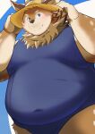  absurd_res anthro antlers belly blush brown_body brown_fur cervid clothing fur hat headgear headwear hi_res horn kazusa male mammal moobs navel nazebesu_hobby one-piece_swimsuit overweight school_swimsuit solo straw_hat swimwear tamacolle 