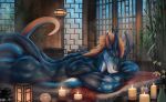  2017 aaros amazing_background anthro back_muscles bamboo bare_back bath bathhouse blue_body brown_eyes brown_hair butt candle cheek_tuft crossed_arms day detailed detailed_background dragon facial_tuft fire gloves_(marking) hair hi_res horn inside lamp lantern long_ears long_tail looking_aside looking_at_viewer lying male mane mane_hair markings muscular muscular_anthro muscular_male nude on_front seductive side_view smile smoke solo spa teryx_commodore tuft vase white_body window 