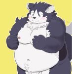  2022 anthro barely_visible_genitalia barely_visible_penis belly big_belly blush canid canine canis domestic_dog genitals harima humanoid_hands kemono male mammal moobs navel nipples overweight overweight_male penis raio_owo simple_background solo tail_motion tailwag tamacolle young 