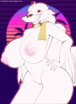  2022 anthro areola big_breasts breasts eyewear female generation_5_pokemon genitals hair hand_on_hip hi_res huge_breasts l-a-v legendary_pokemon nintendo nipples nude pink_areola pink_nipples pokemon pokemon_(species) purple_eyes purple_sclera pussy reshiram solo sunglasses thick_thighs video_games white_body white_hair 