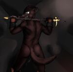  absurd_res anthro art_wumpus bodily_fluids boots boots_only butt canid canine canis clothing domestic_dog dripping fingerless_gloves footwear footwear_only genital_fluids genitals gloves handwear hi_res male mammal mostly_nude nude penis precum precum_drip rear_view solo weapon 