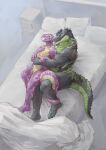  2020 anthro babanasaur ball_python bed bed_sheet bedding black_body black_scales crocodile crocodilian crocodylid cuddling digital_media_(artwork) duo furniture green_body green_eyes green_scales green_sclera hand_on_arm hand_on_chest hand_on_head hand_on_stomach hi_res koal_(huskhusky) looking_aside looking_at_another looking_at_partner looking_forward lying male male/male nightstand on_back open_mouth pillow pink_body pink_scales python python_(genus) reptile scales scalie signature snake spooning steel_ball_python tail_coil tan_body tan_scales teeth yellow_sclera 