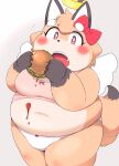  absurd_res anthro belly big_belly big_breasts blush breasts brown_body brown_fur burger canid canine clothing digital_media_(artwork) eating female food fox fur hair halo hi_res holding_burger holding_food holding_object kemono ketchup looking_at_viewer mammal navel open_mouth overweight overweight_anthro overweight_female panties rantan_chan red_eyes ribbons simple_background solo teeth tenshi_chan topwear underwear white_body white_fur 