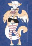  2022 anthro bottomwear breasts canid clothed clothing feathered_wings feathers felicity_(inscrutable) female fishnet fishnet_clothing fishnet_topwear hair hi_res hidden_eyes legwear mammal pink_nose skirt solo thigh_highs topwear white_hair wings yawg 