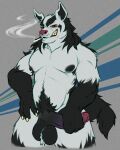  anthro ball_tuft balls black_body black_fur black_nipples cigarette claws finger_claws fur generation_3_pokemon genitals grey_body grin hi_res looking_at_viewer male mightyena mithgarx nintendo nipples pecs penis penis_grab pokemon pokemon_(species) pubes red_eyes smile smoke solo tuft video_games 
