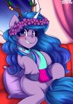  absurd_res blue_hair blush equid equine female feral flower flower_crown furniture hair hasbro hi_res hooves horn izzy_moonbow_(mlp) looking_at_viewer mammal mlp_g5 my_little_pony plant purple_eyes scarf shadowreindeer sitting sofa solo stick unicorn 
