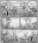  alcohol beverage clothed clothing comic dialogue english_text female hi_res human inside male mammal mask masquerade masquerade_mask monochrome not_furry smile speech_bubble text zoba_(artist) 