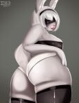  2021 anthro black_clothing black_legwear black_topwear blep butt clothed clothing dated female fur grey_background grey_body grey_ears grey_fur hair hi_res inner_ear_fluff isyld lagomorph legwear leporid mammal nier_automata obscured_eyes panties portrait presenting presenting_hindquarters rabbit red_nose red_tongue signature simple_background solo three-quarter_portrait tongue tongue_out topwear tuft underwear white_clothing white_hair white_inner_ear_fluff white_panties white_underwear yorha_2b 