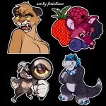  anthro berry bowser canid canine chibi dragon ears_back eyebrows felid female fetishame food fruit group kobold lion magnifying_glass male mammal maned_wolf mario_bros nintendo pantherine pivoted_ears plant procyonid raccoon raised_eyebrow snarling stickers tinted_glasses video_games 