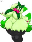  anthro big_breasts black_pupils breasts fangs female generation_9_pokemon green_body green_hair hair hi_res huge_breasts huge_hips huge_thighs meowscarada nintendo omegabrawl open_mouth pokemon pokemon_(species) pupils red_eyes solo thick_thighs video_games wide_hips 