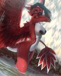  anthro avian bathing beak black_nipples breasts countershade_torso countershading fear_(terrorwing) feathers female fur genitals gryphon hi_res iris-icecry mythological_avian mythology nipples nude partially_submerged pussy red_baron red_body red_eyes red_feathers red_fur solo standing standing_in_water water waterfall wet 