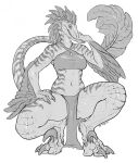  anthro athletic athletic_anthro athletic_female bottomwear bra breasts claws clothed clothing crouching dinosaur dromaeosaurid feathered_arms feathered_dinosaur feathers female greyscale grin hand_on_leg hand_on_thigh head_feathers hi_res loincloth long_tail looking_at_viewer monochrome non-mammal_breasts pupils reptile scalie sharp_teeth silgiriya_mantsugosi slit_pupils smile solo tail_feathers talons teeth theropod topwear underwear 